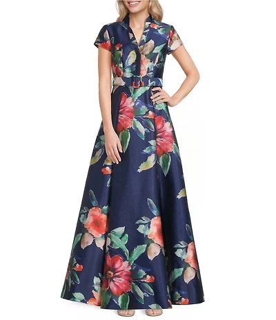 Adrianna Papell Floral Print Mikado Belted Short Sleeve Long Gown