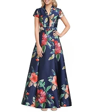 Adrianna Papell Floral Print Mikado Belted Short Sleeve Long Gown