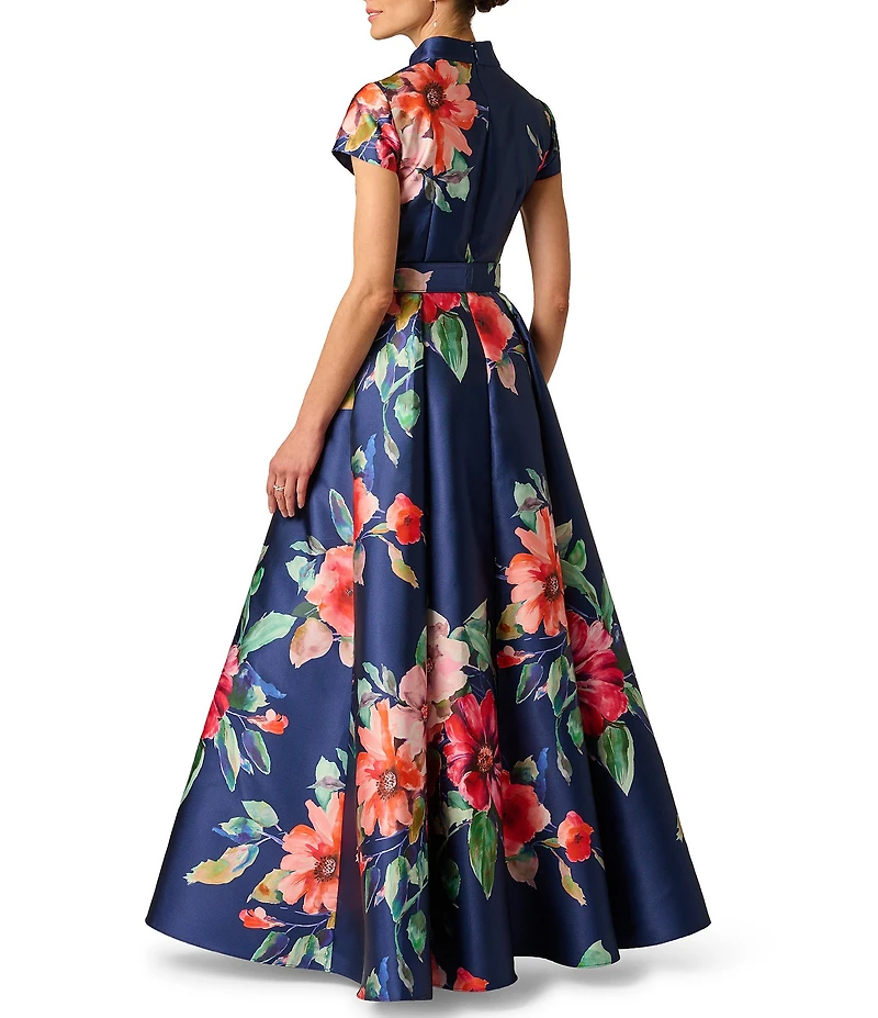 Adrianna Papell Floral Print Mikado Belted Short Sleeve Long Gown