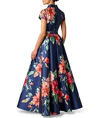 Adrianna Papell Floral Print Mikado Belted Short Sleeve Long Gown