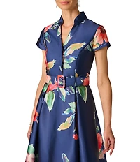 Adrianna Papell Floral Print Mikado Belted Short Sleeve Long Gown