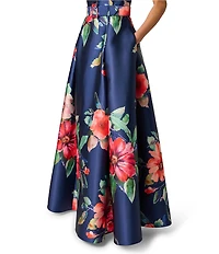 Adrianna Papell Floral Print Mikado Belted Short Sleeve Long Gown