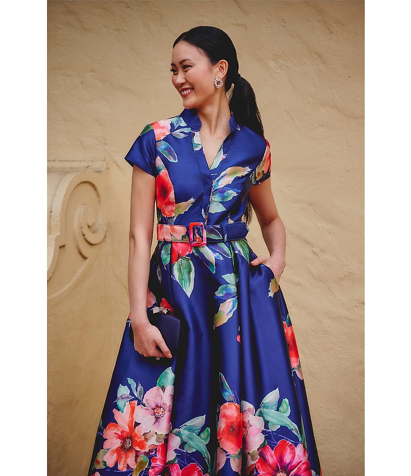 Adrianna Papell Floral Print Mikado Belted Short Sleeve Long Gown