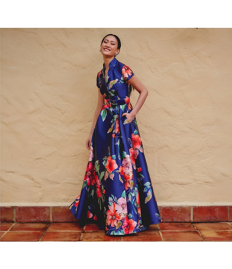 Adrianna Papell Floral Print Mikado Belted Short Sleeve Long Gown