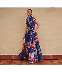Adrianna Papell Floral Print Mikado Belted Short Sleeve Long Gown
