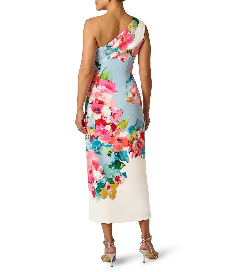 Adrianna Papell Floral Print One Shoulder Twill Midi Gown