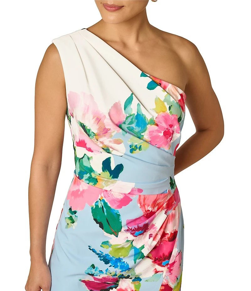 Adrianna Papell Floral Print One Shoulder Twill Midi Gown