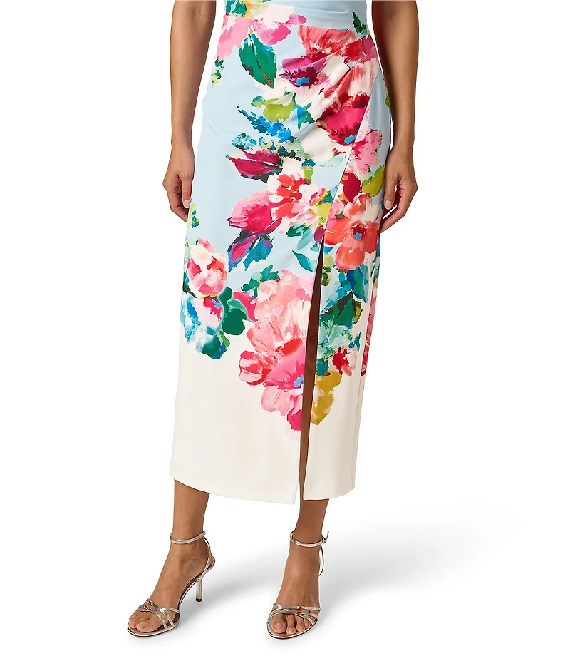 Adrianna Papell Floral Print One Shoulder Twill Midi Gown