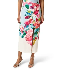 Adrianna Papell Floral Print One Shoulder Twill Midi Gown