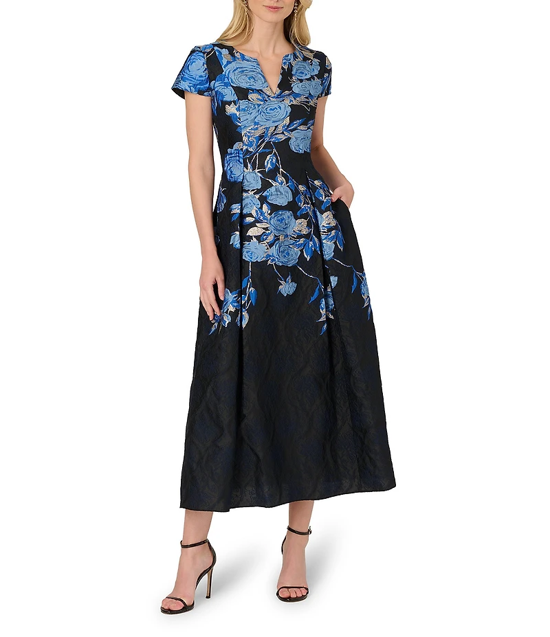 Adrianna Papell Floral Print Split Neck Jacquard Midi Dress