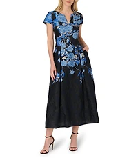 Adrianna Papell Floral Print Split Neck Jacquard Midi Dress