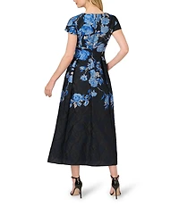 Adrianna Papell Floral Print Split Neck Jacquard Midi Dress