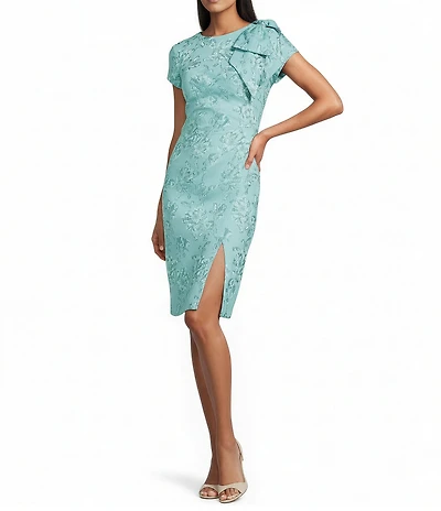 Adrianna Papell Floral Print Stretch Jacquard Crew Neck Bow Short Sleeve Sheath Dress