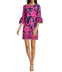 Adrianna Papell Floral Print Stretch Twill Boat Neck 3/4 Bell Sleeve Dress