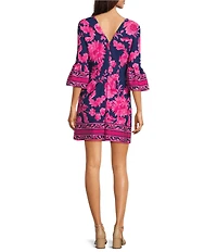 Adrianna Papell Floral Print Stretch Twill Boat Neck 3/4 Bell Sleeve Dress