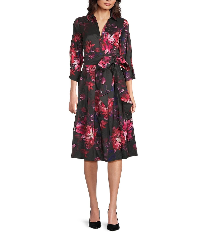 Adrianna Papell Floral Print Taffeta 3/4 Sleeve Midi Shirt Dress