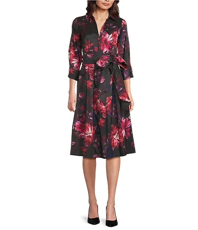 Adrianna Papell Floral Print Taffeta 3/4 Sleeve Midi Shirt Dress