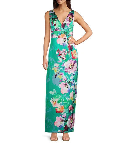 Adrianna Papell Floral Printed Mikado V-Neck Sleeveless Bow Back Gown
