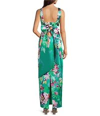 Adrianna Papell Floral Printed Mikado V-Neck Sleeveless Bow Back Gown