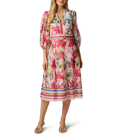 Adrianna Papell Floral Printed Organza V-Neck 3/4 Sleeve Midi Dress