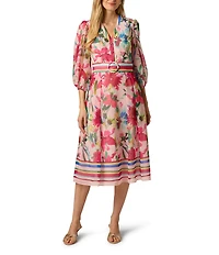 Adrianna Papell Floral Printed Organza V-Neck 3/4 Sleeve Midi Dress