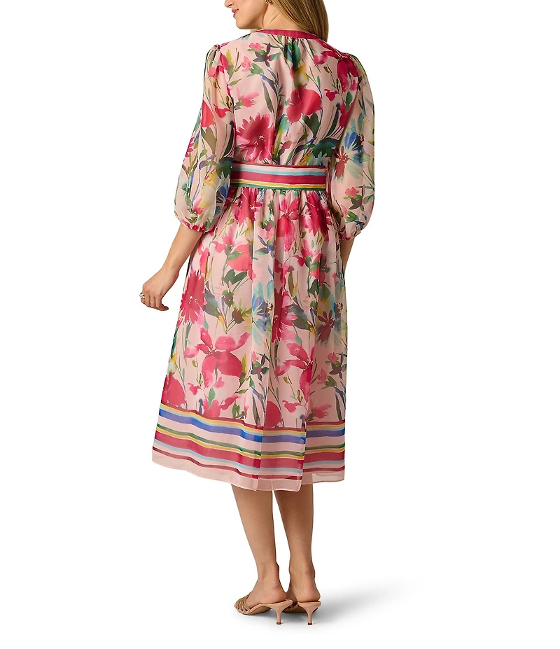 Adrianna Papell Floral Printed Organza V-Neck 3/4 Sleeve Midi Dress