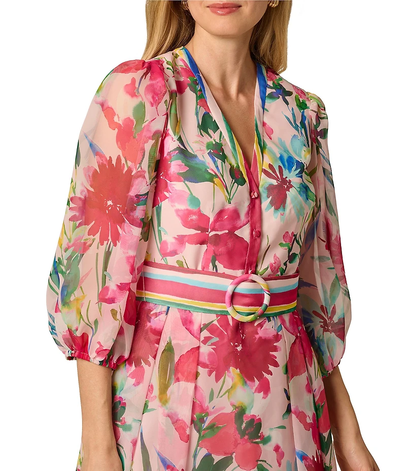 Adrianna Papell Floral Printed Organza V-Neck 3/4 Sleeve Midi Dress