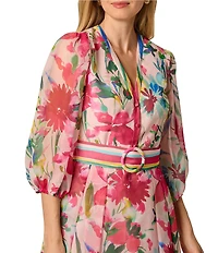 Adrianna Papell Floral Printed Organza V-Neck 3/4 Sleeve Midi Dress