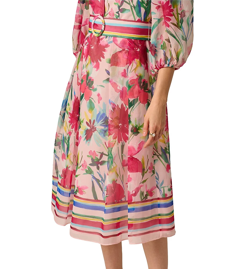 Adrianna Papell Floral Printed Organza V-Neck 3/4 Sleeve Midi Dress