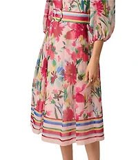 Adrianna Papell Floral Printed Organza V-Neck 3/4 Sleeve Midi Dress