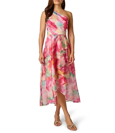 Adrianna Papell Floral Printed Orgnaza One Shoulder Ruffle High-Low Midi Dress