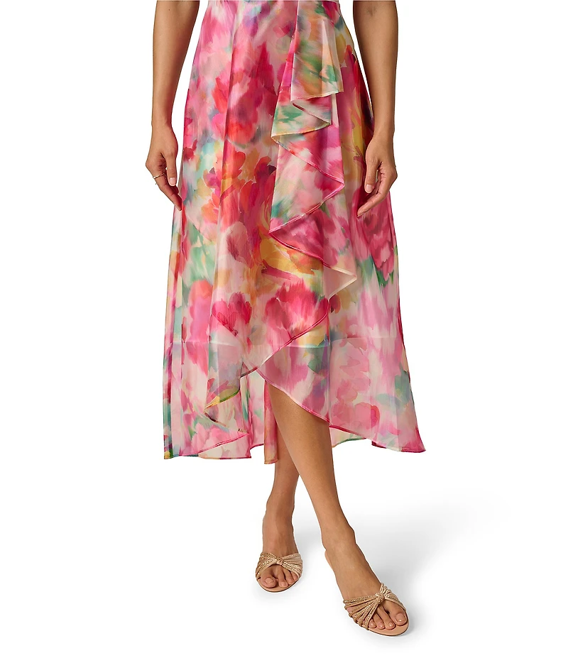 Adrianna Papell Floral Printed Orgnaza One Shoulder Ruffle High-Low Midi Dress