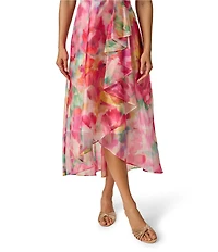 Adrianna Papell Floral Printed Orgnaza One Shoulder Ruffle High-Low Midi Dress
