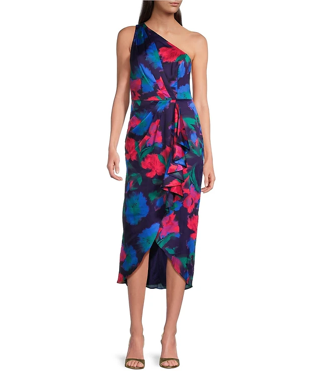 adrianna papell one shoulder ruffle dress Adrianna Papell Women's Blue One Shoulder Ruffle Dress Plus Size 14W
