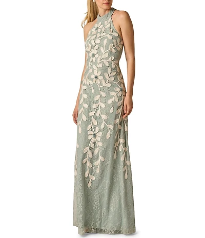 Adrianna Papell Floral Soutache Lace Halter Long Gown