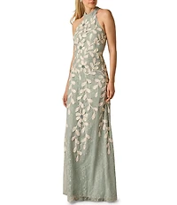 Adrianna Papell Floral Soutache Lace Halter Long Gown