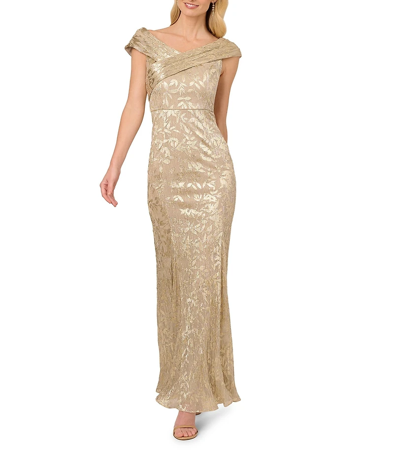 Adrianna Papell Foil Leaf Off-The-Shoulder Neck Cap Sleeve Sheath Gown