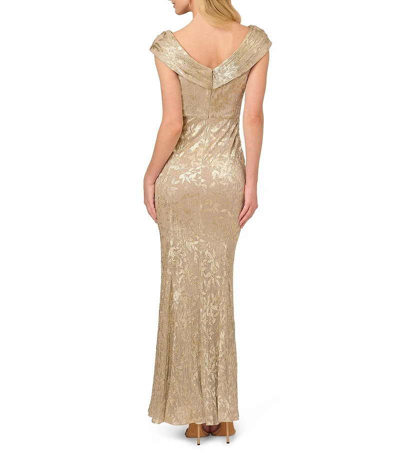 Adrianna Papell Foil Leaf Off-The-Shoulder Neck Cap Sleeve Sheath Gown