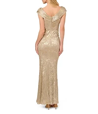 Adrianna Papell Foil Leaf Off-The-Shoulder Neck Cap Sleeve Sheath Gown