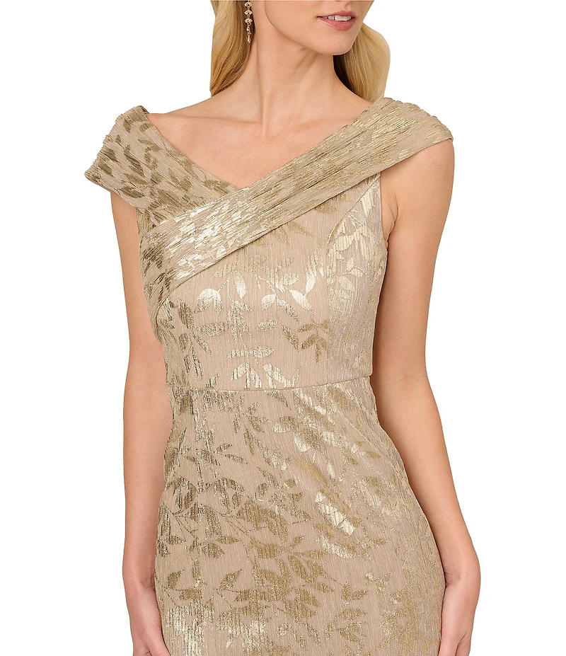 Adrianna Papell Foil Leaf Off-The-Shoulder Neck Cap Sleeve Sheath Gown
