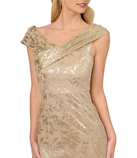 Adrianna Papell Foil Leaf Off-The-Shoulder Neck Cap Sleeve Sheath Gown