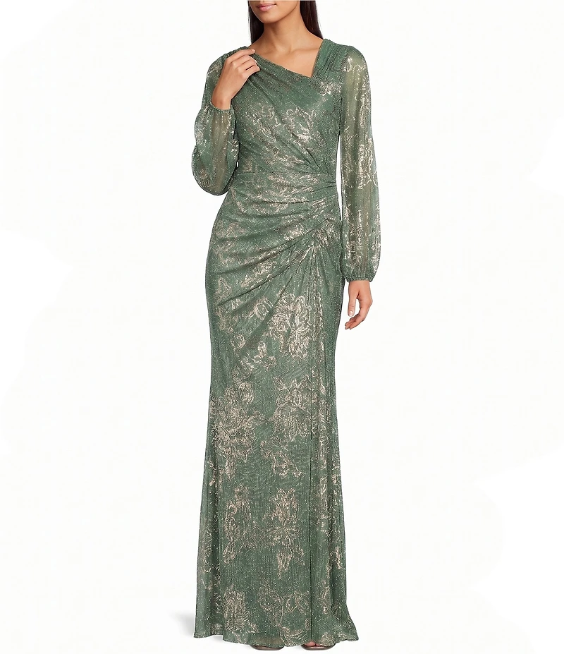 Adrianna Papell Foil Novelty Knit Asymmetric Neck Ruched Long Sleeve Dress