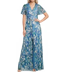 Adrianna Papell Foiled Floral Print Surplice V-Neck Short Flutter Sleeve Gown
