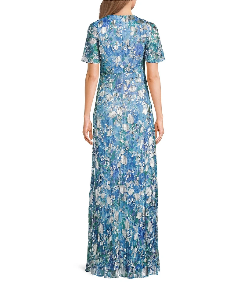 Adrianna Papell Foiled Floral Print Surplice V-Neck Short Flutter Sleeve Gown