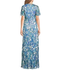 Adrianna Papell Foiled Floral Print Surplice V-Neck Short Flutter Sleeve Gown