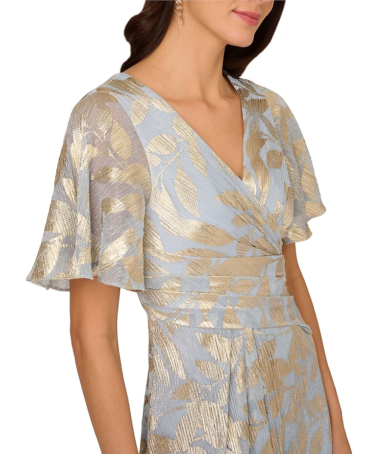 Adrianna Papell Foiled Leaf Print Surplice V-Neck Short Flutter Sleeve Gown