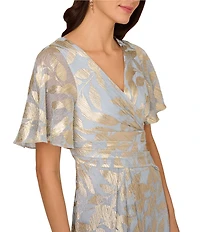 Adrianna Papell Foiled Leaf Print Surplice V-Neck Short Flutter Sleeve Gown