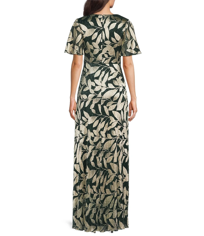 Adrianna Papell Foiled Leaf Print Surplice V-Neck Short Flutter Sleeve Gown