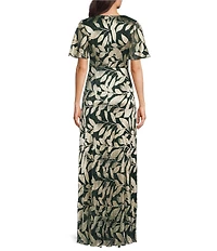 Adrianna Papell Foiled Leaf Print Surplice V-Neck Short Flutter Sleeve Gown