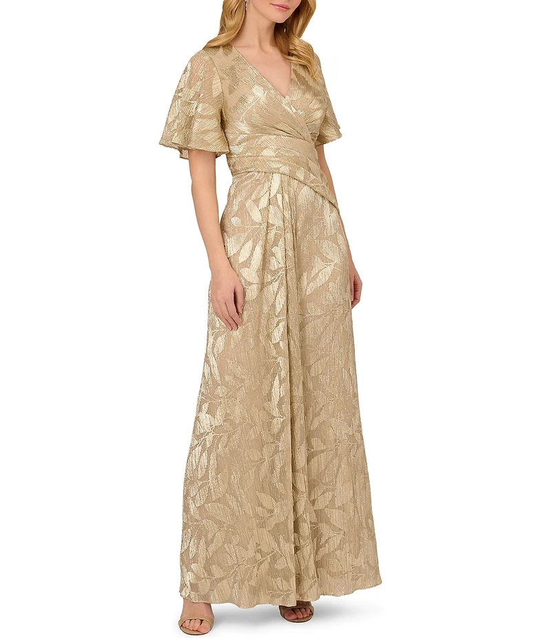 Adrianna Papell Foiled Leaf Print Surplice V-Neck Short Flutter Sleeve Gown